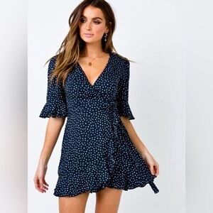 NWT Princess Polly 1/2 Sleeve Eva’s Garden Mini Wrap Dress in Navy & White